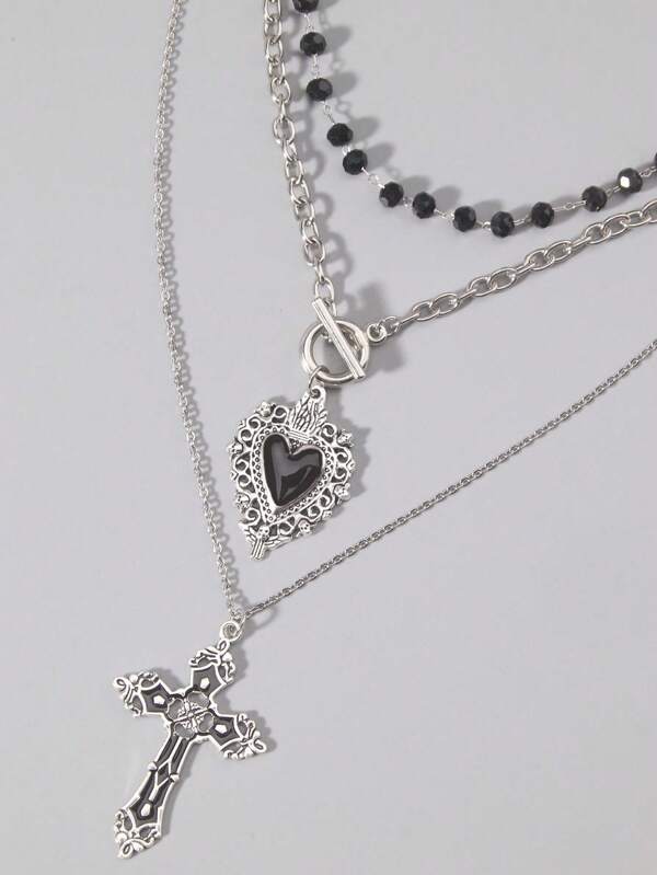 ROMWE Hippie 3 piezas Collar de cruz de cristal oscuro gótico, colgante con forma de corazón, collar multicapa personalizado de estilo hip hop para mujeres, regalo para vacaciones, Halloween