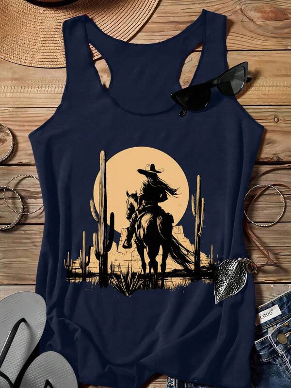 SHEIN LUNE Casual Cactus & Cowboy Graphic Women Tank Top, Summer