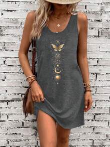 SHEIN LUNE 休闲简约星月蝴蝶印花瑜伽连衣裙，适合夏季穿着 - 深灰色 - 查看 3