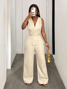 BamGleam 时尚性感西装领金链休闲阔腿女式连体裤 - 杏色 - 查看 5