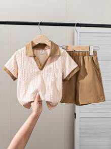 Genkimix Kids Summer New Korean Style Preppy Toddler Boys' Striped Polo Collar Short Sleeve Knit Top + Navy Casual Shorts 2pcs Set