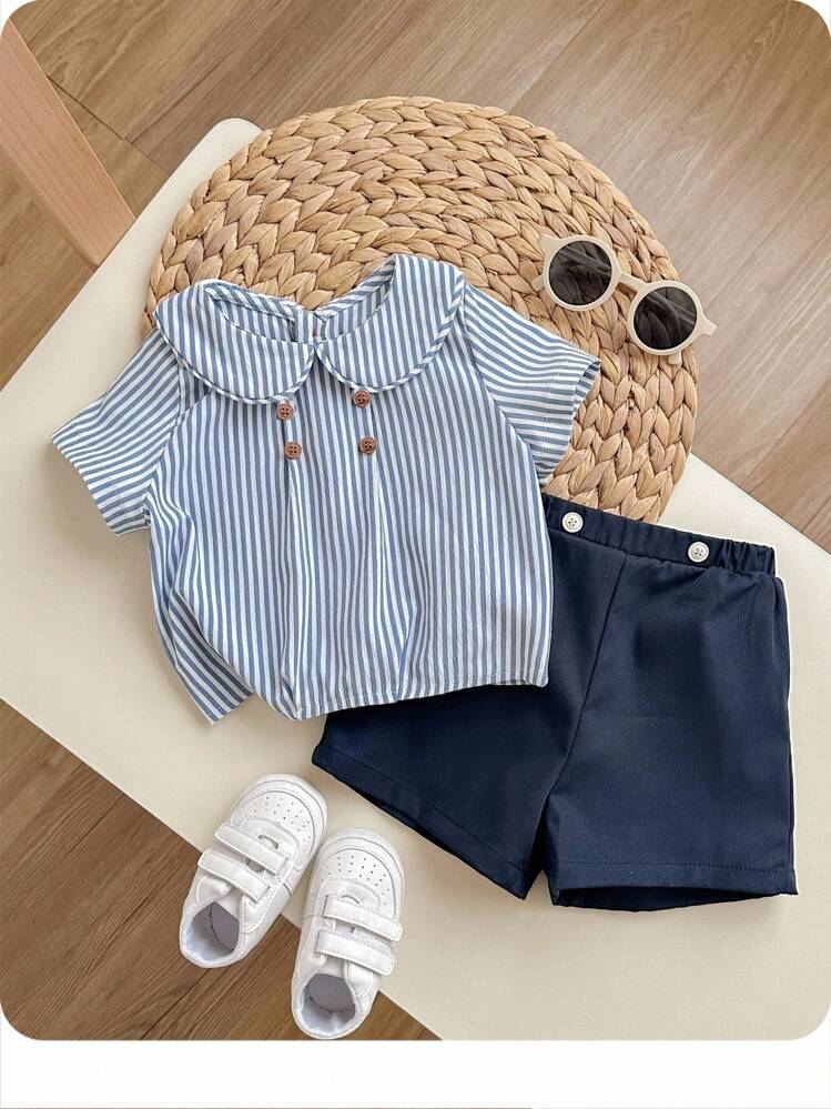SHEIN Set de 2 piezas para bebé niño de verano, camiseta de polo de manga corta a rayas azul y shorts de cintura elástica, ideal para fiestas de cumpleaños, eventos, bodas, fiestas de mes, bautizos y celebraciones del primer cumpleaños, baby shower - Multicolor - Añade 1
