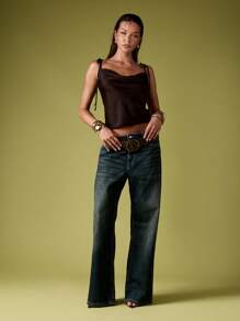 MISSGUIDED 锤纹缎面围脖吊带上衣系带肩带垂坠后背派对俱乐部夜间外出露背无袖上衣夏季春季晚装 - 棕色 - 查看 3