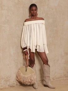 Lumalex VITNOS 秋夏假期 BOHO 女式纯色露肩灯笼袖荷叶边下摆宽松时尚衬衫露肩夏季上衣流苏上衣长袖露肩上衣