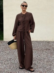 Livesso Women's Linen Casual 2 Pieces Set, New Autumn Collection - Brown - View 1