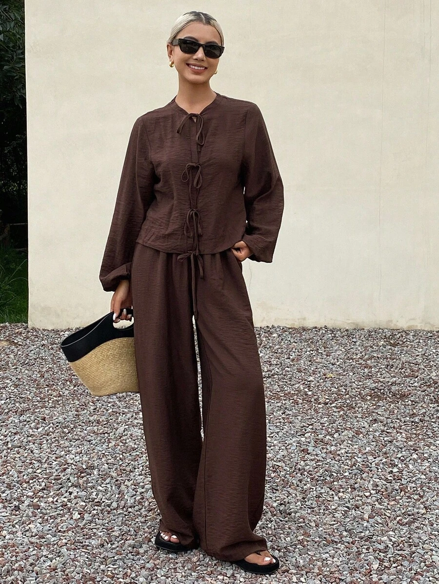 Livesso Women's Linen Casual 2 Pieces Set, New Autumn Collection - Brown - View 1