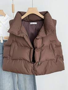 SHEIN 青少年女孩拉链厚背心，带口袋，女士保暖冬季夹克 - 棕色 - 查看 6
