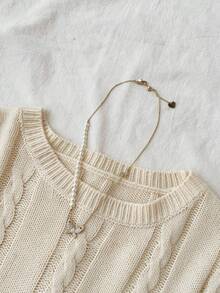 SHEIN 少女蝴蝶结复古可爱圆领套头毛衣，休闲甜美可爱秋冬时尚蝴蝶结毛衣套装 - 米色 - 查看 3