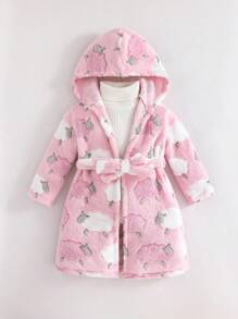 Cozy Pixies 少女心形图案保暖内衬连帽长袖系腰毛绒睡袍睡衣