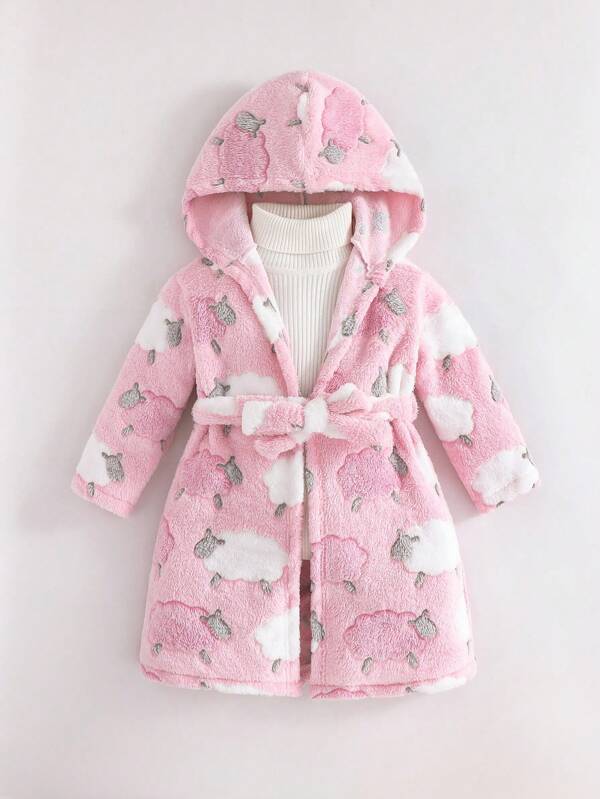 Cozy Pixies Young Girl Heart Pattern Thermal Lined Hooded Long Sleeve Tie Waist Plush Robe Sleepwear Toddler Robe Girl