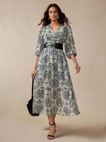 Florisole 女式波西米亚复古花卉印花 V 领荷叶边中长束腰连衣裙 - 藍色 - 查看 5