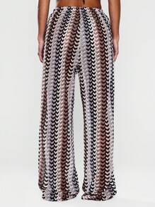 Musera Resort High Rise Tie Waist Patterned Cover Up Trousers Boho Ibiza Cute Sexy Vacation Summer Beach Swimwear Stripe  Spring Holiday - Brown - View 2