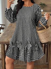 EMERY ROSE Plus Size Casual Plaid Floral Decor Dress, Asymmetrical Floral Cutout Fall Cloth For Women - Multicolor - View 5