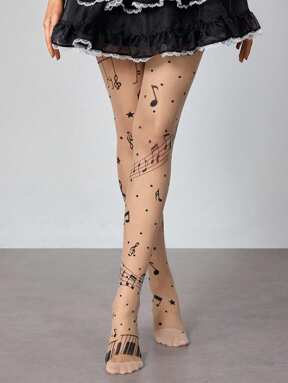 Anime 1 Pair Cute Music Note & Piano Keyboard Star Print Sheer Tights, Y2K Minimalist Design Pantyhose, High Quality Non-Snagging Seamless Stockings, Super Thin & Stretchy Leggings