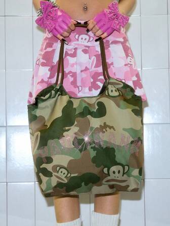 Paul Frank X ROMWE 1 Stück Camouflage bedruckter Oxford-Stoff Einkaufstbeutel mit großer Kapazität, geeignet für Reisen, Pendeln, Urlaub und täglichen Gebrauch