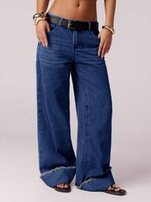 SHEIN Forever 21 女士牛仔裤 低腰牛仔裤 商务休闲女士 Y2k 阔腿裤 办公室女士 宽松裤 夏季裤子 休闲女士蓝色牛仔裤 夏季女士裤子 牛仔裤 嬉皮女士服装 - 寶藍色 - 查看 2