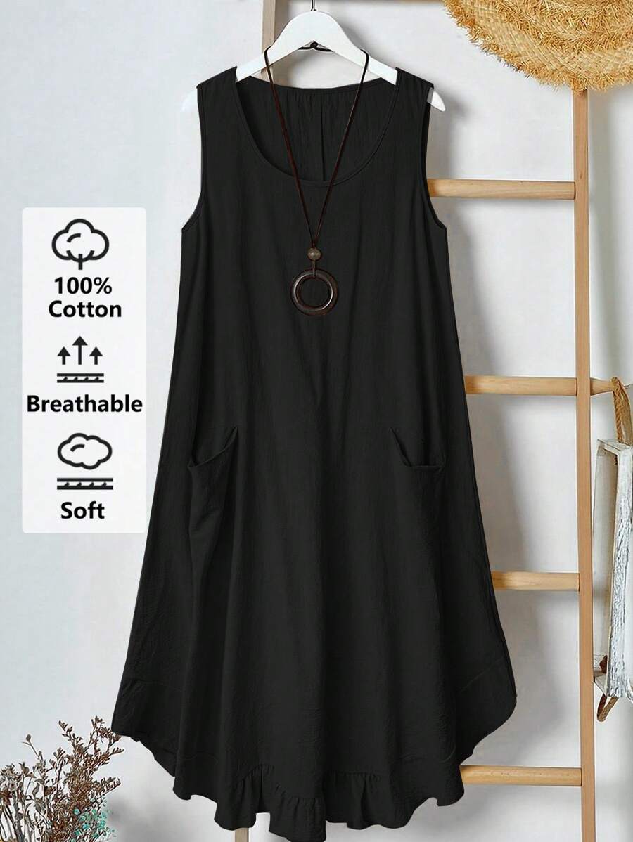 Rusticease Vestido midi de talla grande con cuello redondo, fruncido, bolsillo, sin mangas, dobladillo, estilo vintage, para vacaciones, primavera/verano