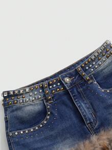 ROMWE Avant Chân váy denim ngắn đính đinh tán họa tiết da báo cổ điển rách nát - Màu xanh lam - Xem 3