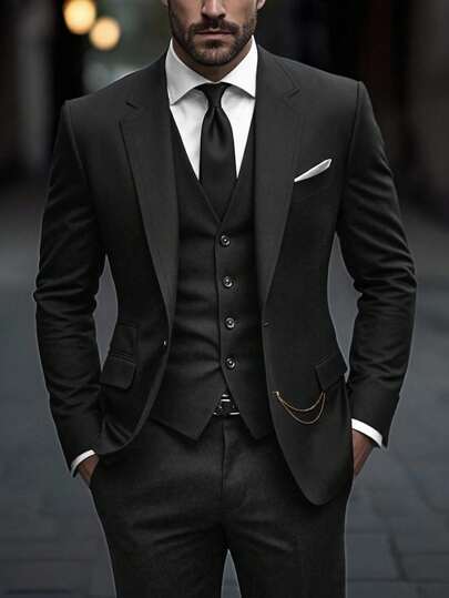 Calvornis Men's Solid Color Lapel Neck Long Sleeve Casual Suit Jacket Suits For Men Black Suit For Groom Men Black Dress Slim Fit Wedding Suits For Men, Old Money Style