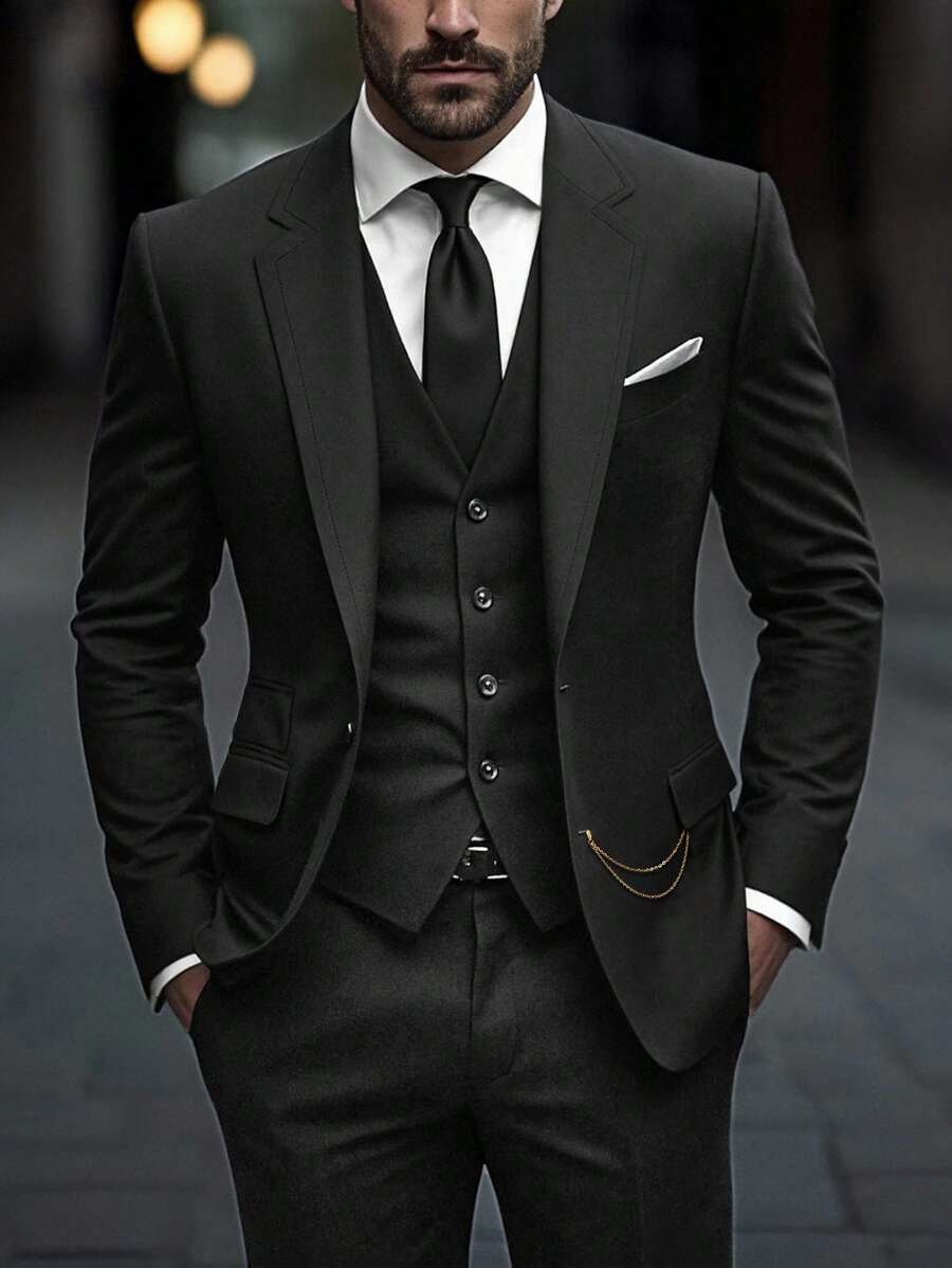 Calvornis Men's Solid Color Lapel Neck Long Sleeve Casual Suit Jacket Suits For Men Black Suit For Groom Men Black Dress Slim Fit Wedding Suits For Men, Old Money Style - Black - View 1