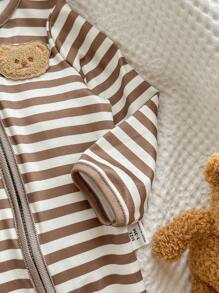 新生男婴3件装熊和条纹图案圆领长袖拉链前部柔软舒适连脚连体衣婴儿熊睡衣新生儿中性服装 - 彩色 - 查看 5