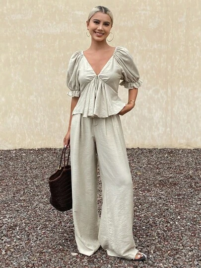 Livesso 女士V领泡泡袖上衣和阔腿裤两件套，夏季度假