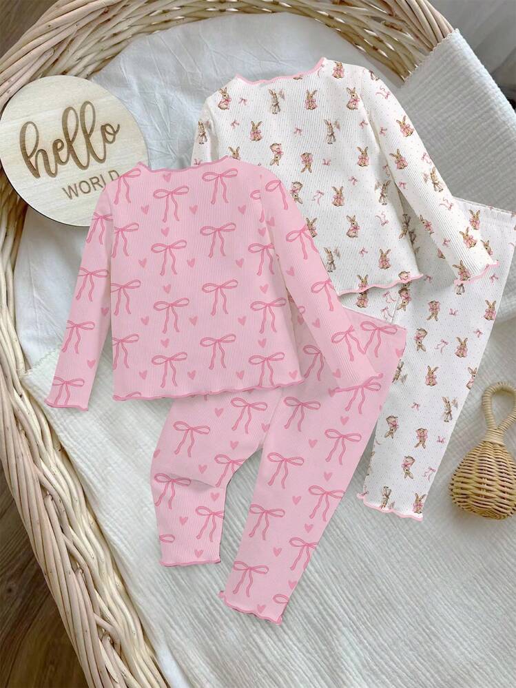 SHEIN 新生儿休闲简约蝴蝶结图案长袖T恤套装，适合夏季 - 彩色 - 查看 2