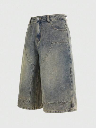 Grunge Punk Men's Casual Street Washed Slant Pocket Denim Shorts, Summer