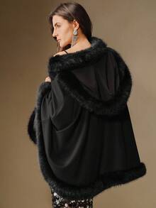Anewsta Elegant Chic Detachable Hooded Cape Coat, Suitable For Fall, Winter, Going Out, Christmas - Black - View 2