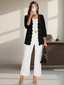 Editum 女士优雅黑色返校服秋季女装复古风格教师服扇贝边夹克，女士春/秋休闲扇贝常规袖常规版型黑色纯色女士外套，休闲日常穿着 - 黑色 - 查看 3