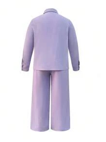NostaNoir Women's Plus Size Solid Color Long Sleeve Single-Breasted Shirt And Wide Leg Pants Casual 2-Piece Set Fall Cloth For Women - Mauve Purple - View 2