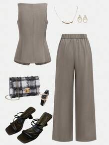 Girlism 青少年女士常规款带口袋涤纶无袖格子套装灰色套装商务套装全套女士商务装