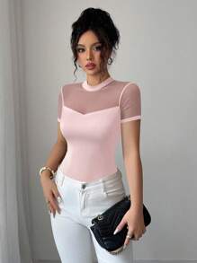 Elenzga Women's 2025 Summer Solid Color Versatile Mesh Patchwork Round Neck Short Sleeve T-Shirt