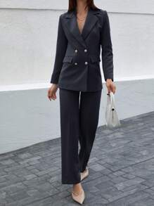 CLARA VERO 女士简约通勤工作服纯色翻领双排扣西装外套和裤子套装 - 黑色 - 查看 1