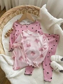 4pcs/Set Baby Girl Cute Heart & Kitty Pattern Ruffle Trim Crew Neck Long Sleeve Shirt And Pants Comfy Loungewear Set, For Christmas Print - Baby Pink - View 4