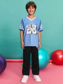 SHEIN Quần nỉ có dây rút in chữ thoải mái, tối giản, cạp vừa dành cho bé trai tuổi teen - màu đen - Xem 3