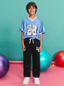 SHEIN Quần nỉ có dây rút in chữ thoải mái, tối giản, cạp vừa dành cho bé trai tuổi teen - màu đen - Xem 4