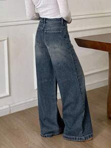 DAZY 女士宽松休闲直筒牛仔裤 - 中等水洗藍 - 查看 5