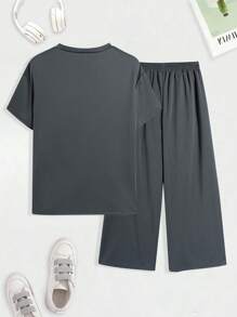 SHEIN Teen Girls Letter Embossed Grey Pants & Short Sleeve 2-Piece Set, Casual, Comfortable, Fashionable, Versatile, Soft Fabric, Suitable For Daily Wear, School, Outings, Outdoor Activities Teen T Shirt And Pants Teen Girl Lounge Wear Teen Two Piece Set Teen Sweat Pants Set - Grey - View 3