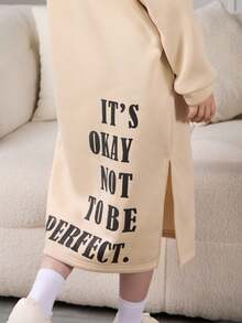 青少年女孩字母印花连帽领长袖连衣裙 - 卡其色 - 查看 5