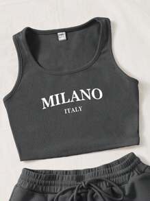 SHEIN EZwear 2pcs Women Casual MILANO Graphic Crew Neck Fitted Tank Top And Drawstring Shorts Set, Suitable For Summer Suitable For Going Out - Dark Grey - View 4