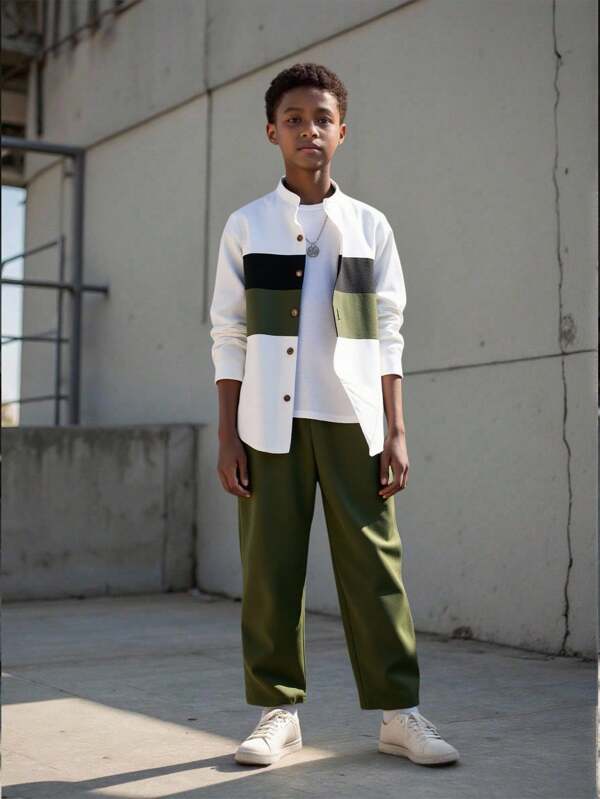 Teenage Boys Casual Stand Collar Color Block Shirt Set, Suitable For Daily Commute