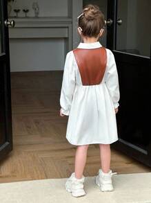 Elladie kids Đầm ngắn tay dài cổ bẻ vai thường ngày, cạp cao, chất liệu PU, phối họa tiết nơ, thích hợp cho bé gái đi học mùa thu. - Cà phê - Xem 2