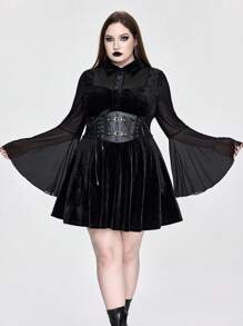 ROMWE Plus Size Gothic Vintage Velvet & Mesh Patchwork A-Line Bell Sleeve Dress - Black - View 9