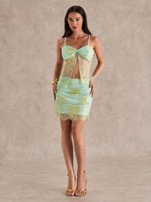 Glamine 2pcs/Set Women's Elegant Sexy Lace Twist Sling Crop Top And Slit Mini Skirt Set, Summer