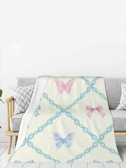 Kawaii 1 pieza Manta de franela impresa. Presenta estampados de mariposas adorables, es suave y cómodo, y se puede usar como cubrecama, funda de sofá, manta para el dormitorio, cubierta de oficina o manta estudiantil. También crea una atmósfera festiva y hace un gran regalo festivo.