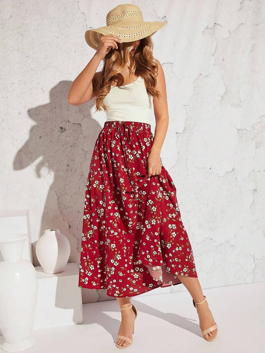 SHEIN Clasi 滿版印花腰上打結喇叭下擺半身裙 - 酒紅色 - 查看 1