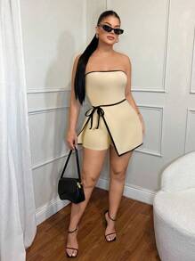 SHEIN SXY 女士商务休闲撞色侧系腰连体裤裙 - 杏色 - 查看 4