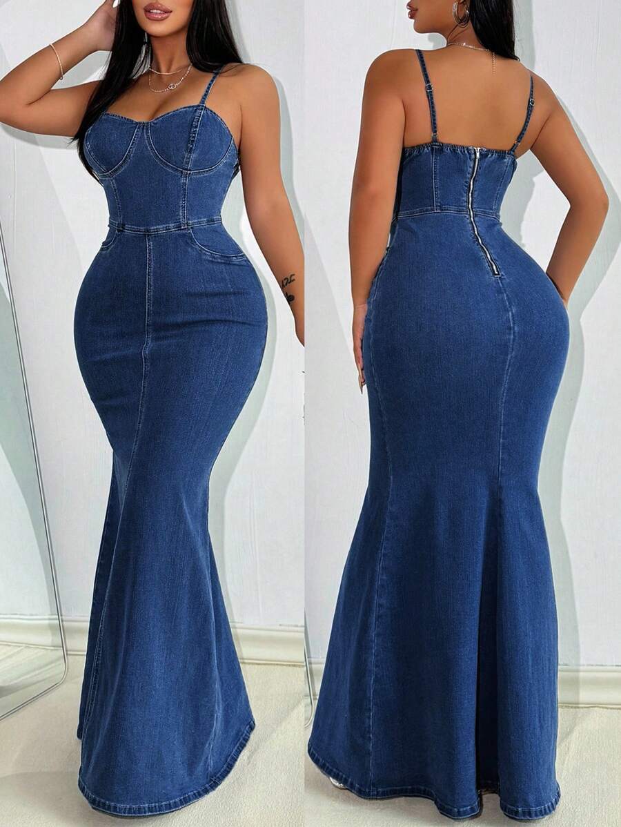 SHEIN Lady Women's Sexy Bodycon Denim Slip Dress, Blue Denim Mermaid Dress - Dark Wash - View 1