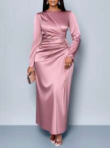 SOLERSUN Women's Elegant Solid Color Ruched Side Satin Bodycon Dress,Suitable For Dating Party Maxi Women Outfit Fall Cloth For Women